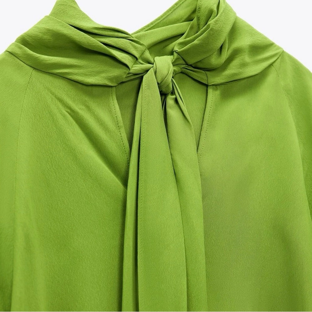 Zara | Green Flowy Satin Drape Long Sleeve Blouse - Picture 4 of 16